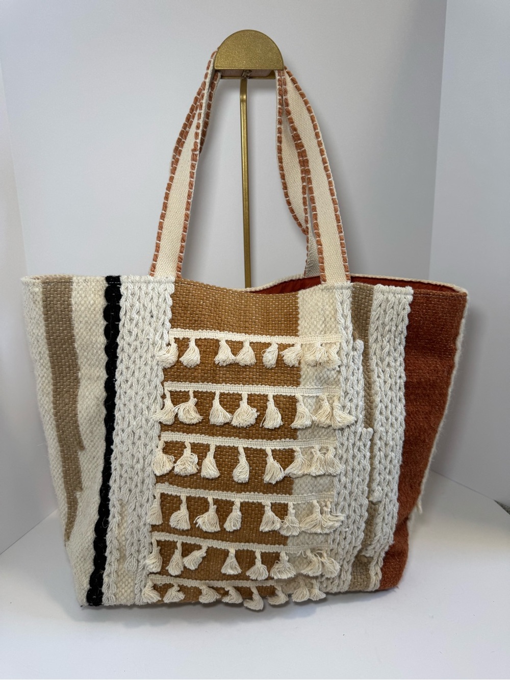 Roolee Culebra Woven Tote Bag - Boho Tassel Knit Stripe Shoulder Bag - Picture 2 of 11
